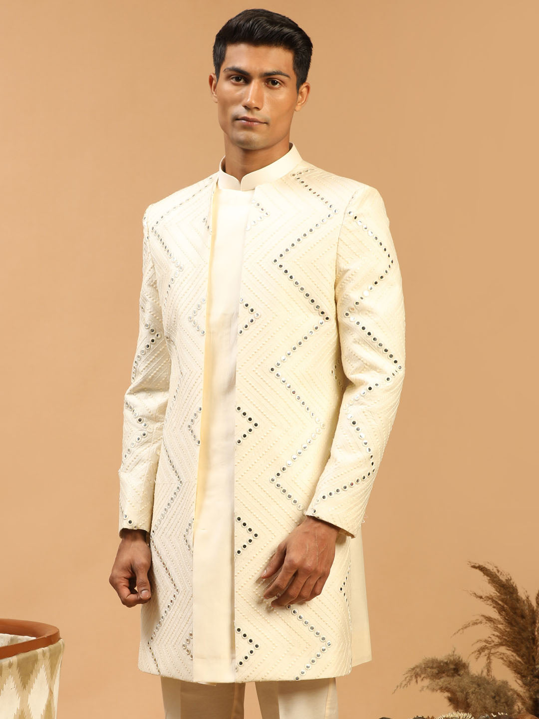 SHRESTHA By VASTRAMAY Men's Cream Mirror Indo Western Sherwani Only Top