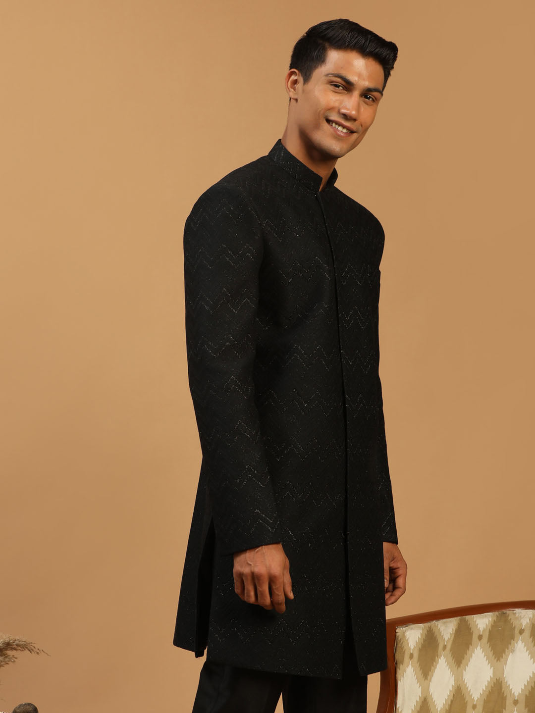 SHRESTHA By VASTRAMAY Men's Black Glitter Indo Western Sherwani Only Top