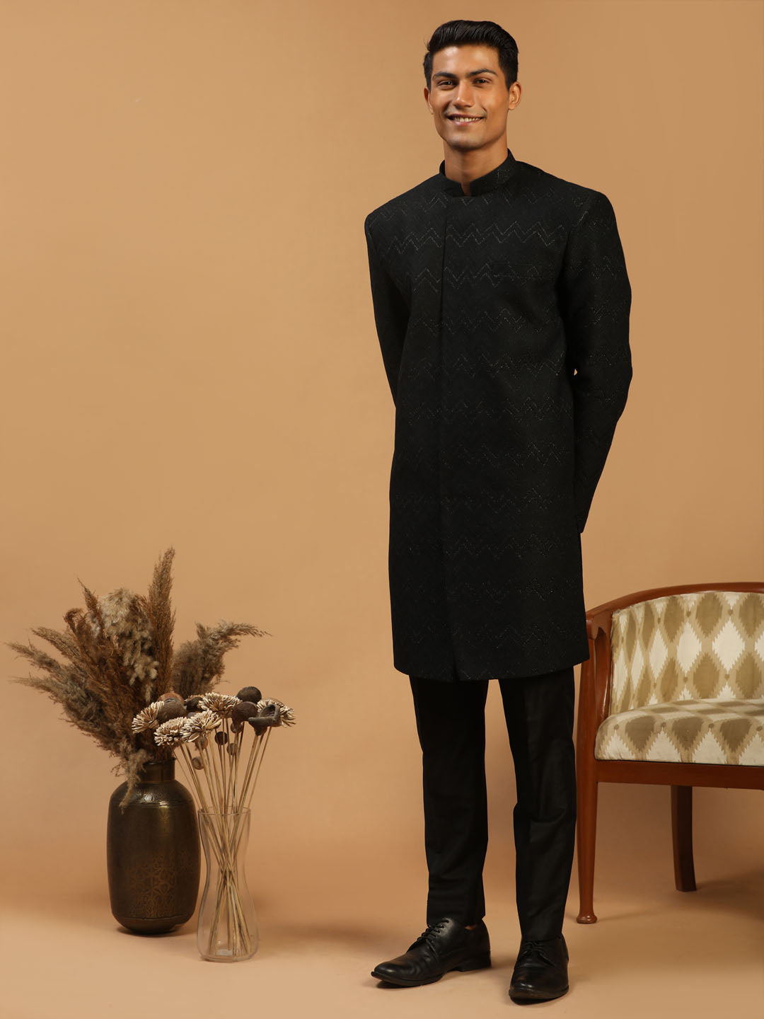 SHRESTHA By VASTRAMAY Men's Black Glitter Indo Western Sherwani Only Top