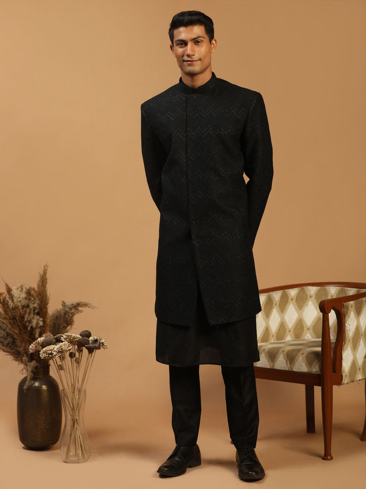 SHRESTHA By VASTRAMAY Men's Black Glitter Indo Sherwani With Kurta Pant Set