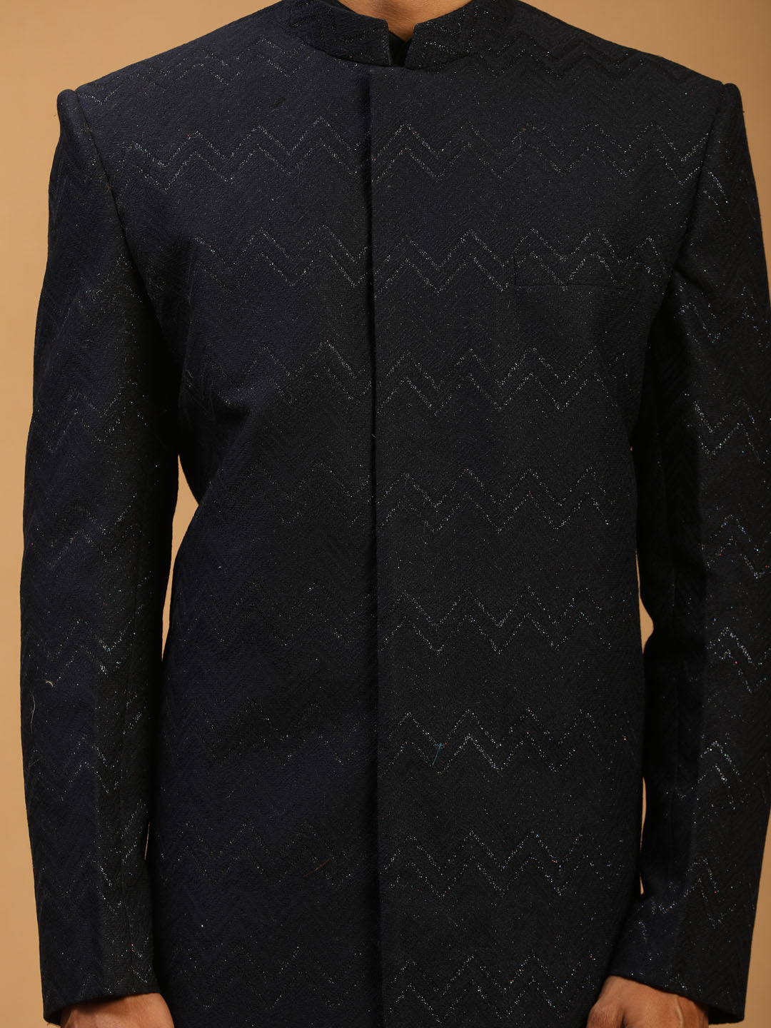  Handsome and fashionable Vastramay Men's Black Glitter Indo Sherwani With Kurta Pant Set for weddings and celebrations 