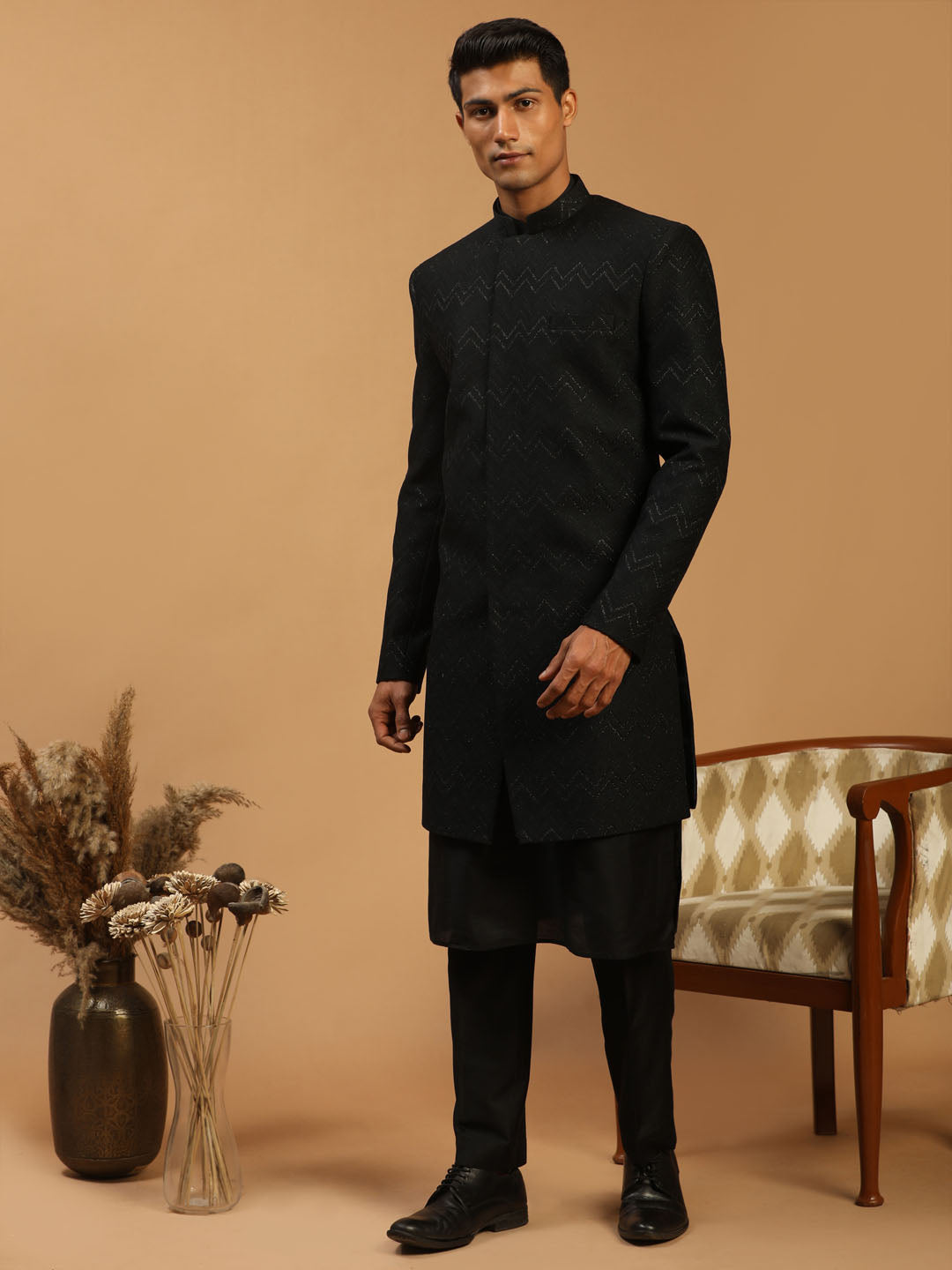  Dashing Vastramay Men's Black Glitter Indo Sherwani With Kurta Pant Set for the modern groom 