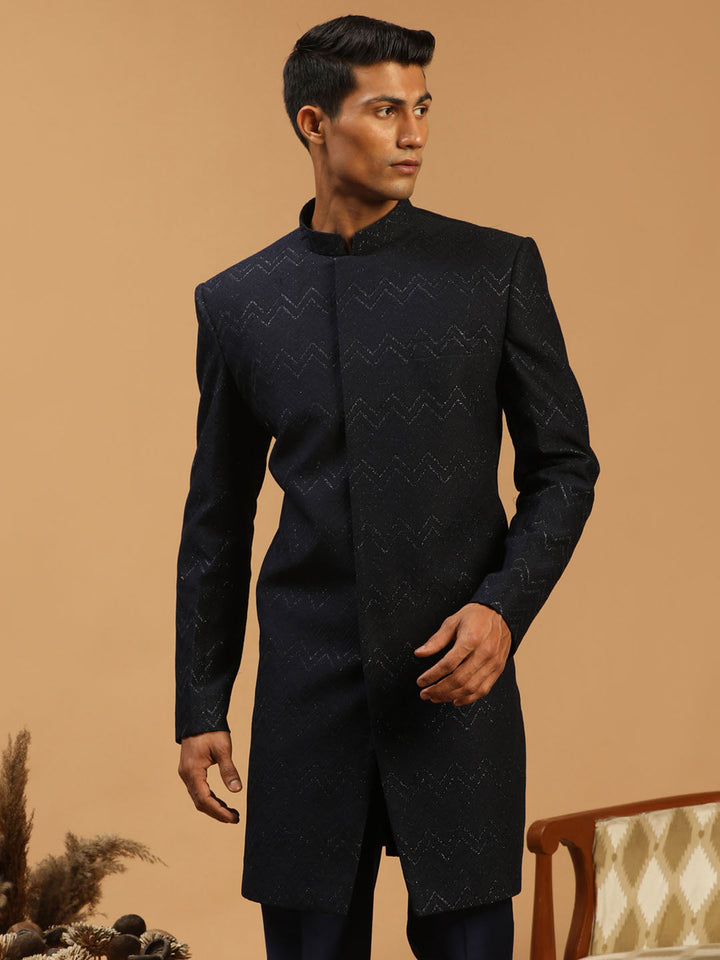 SHRESTHA By VASTRAMAY Men's Navy Blue Glitter Indo Western Sherwani Only Top