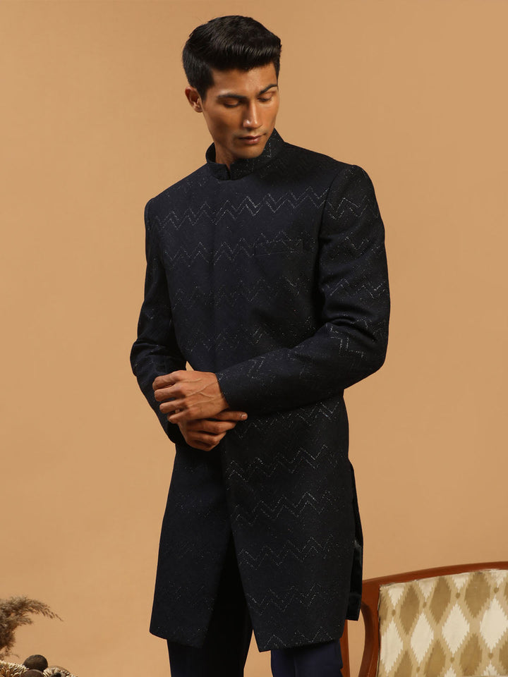 SHRESTHA By VASTRAMAY Men's Navy Blue Glitter Indo Western Sherwani Only Top