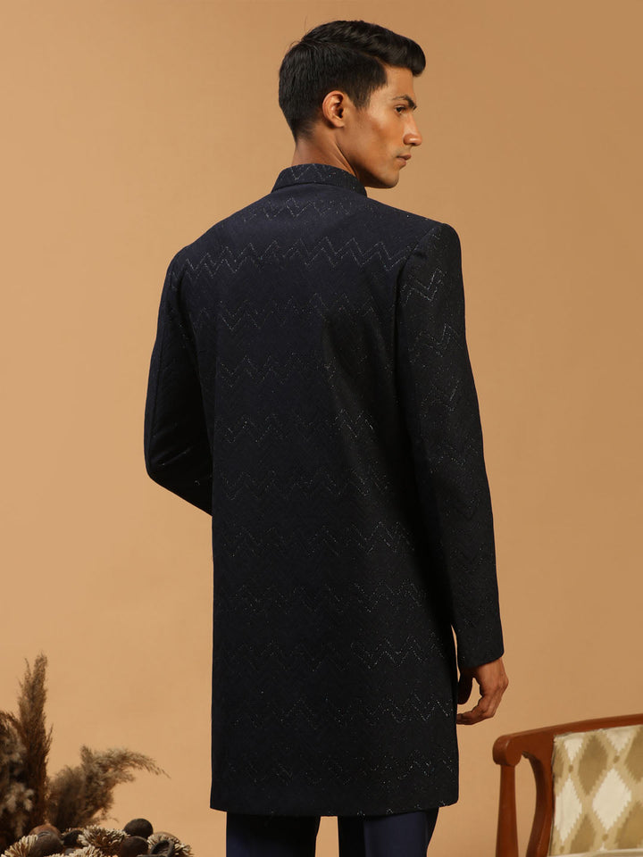 SHRESTHA By VASTRAMAY Men's Navy Blue Glitter Indo Western Sherwani Only Top