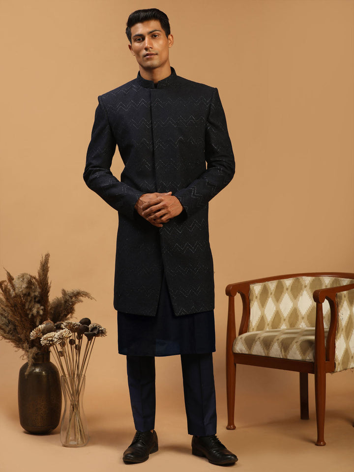 SHRESTHA By VASTRAMAY Men's Navy Blue Glitter Indo Western Sherwani With Kurta Pant Set