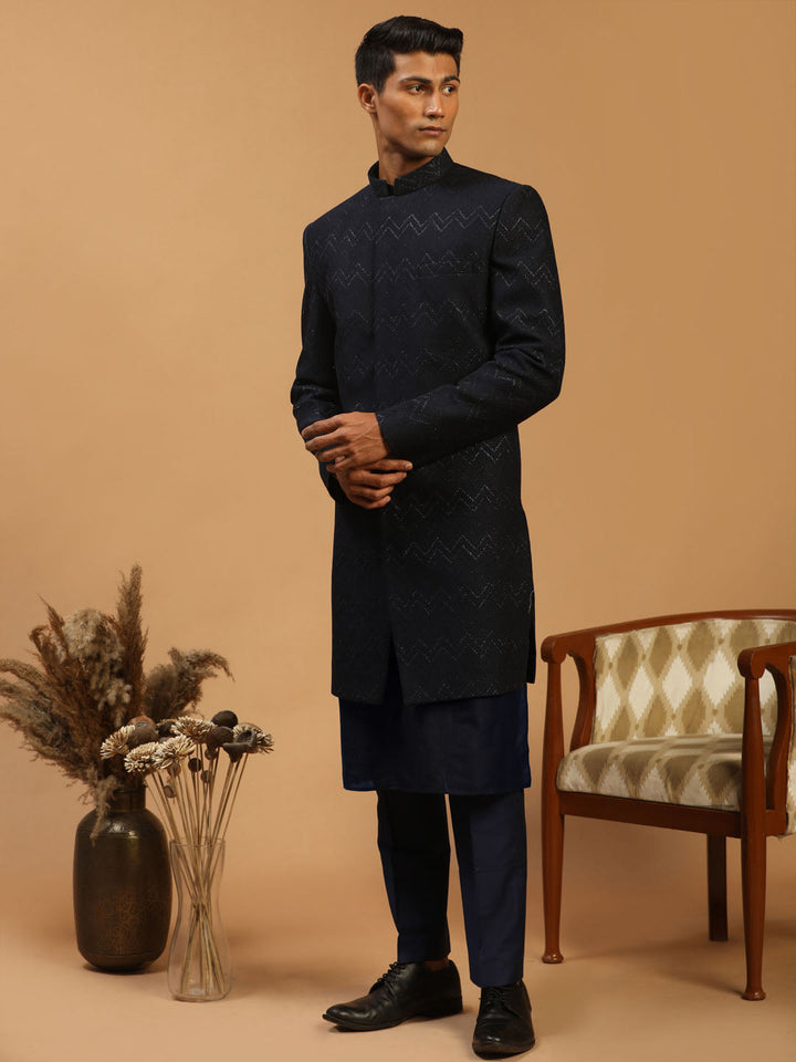 SHRESTHA By VASTRAMAY Men's Navy Blue Glitter Indo Western Sherwani With Kurta Pant Set