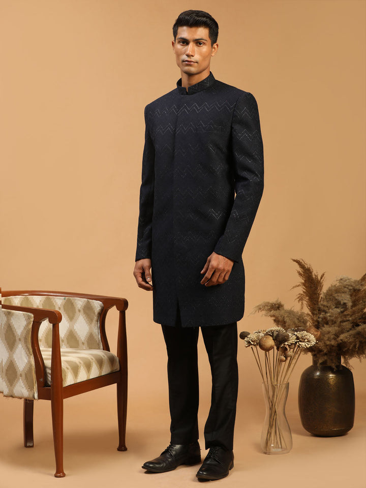 SHRESTHA By VASTRAMAY Men's Navy Blue Glitter Indo Western Sherwani Set