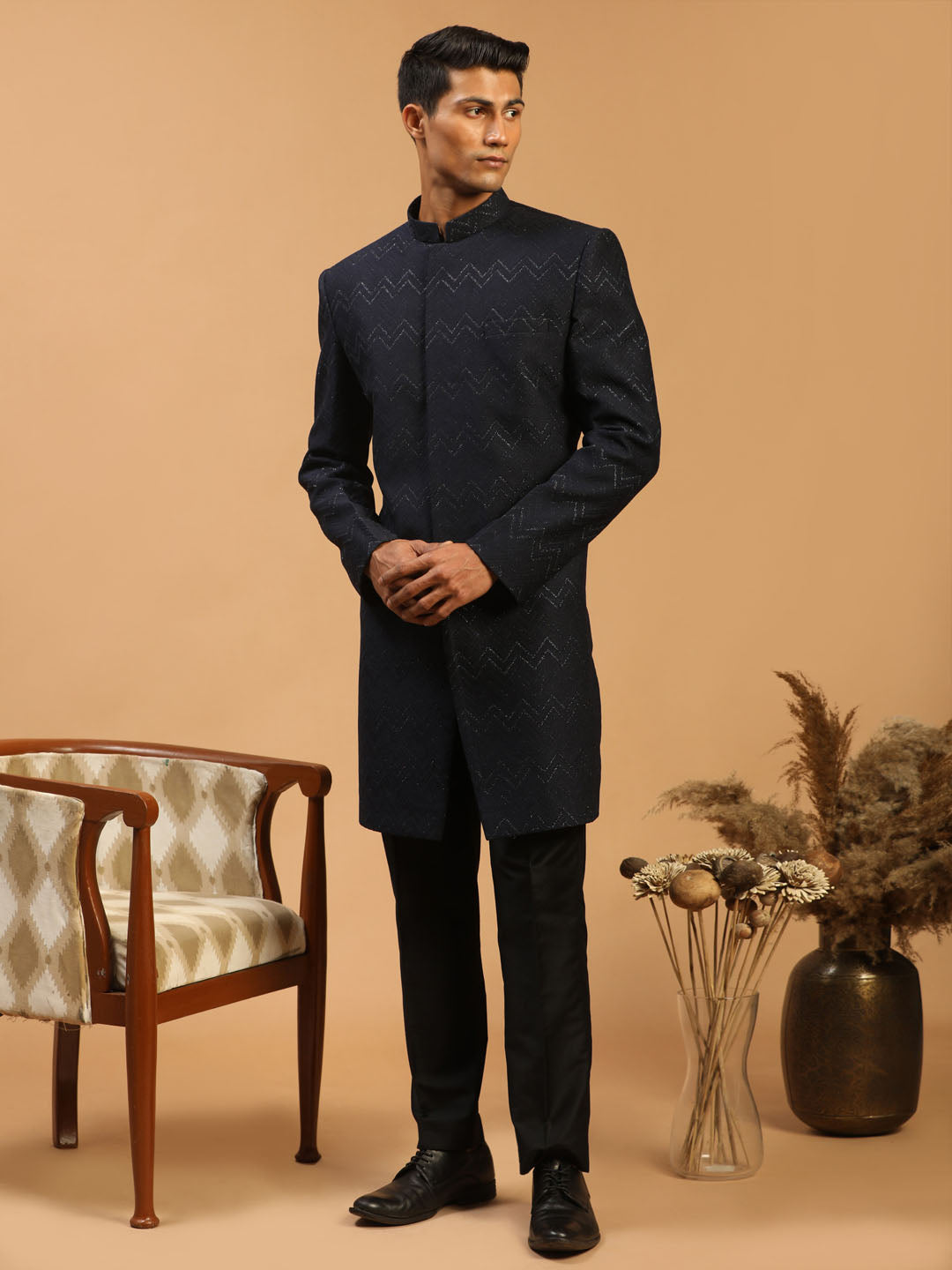 SHRESTHA By VASTRAMAY Men's Navy Blue Glitter Indo Western Sherwani Set