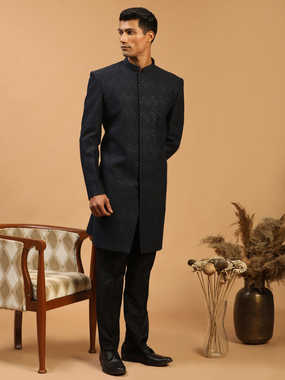 SHRESTHA By VASTRAMAY Men's Navy Blue Glitter Indo Western Sherwani Set