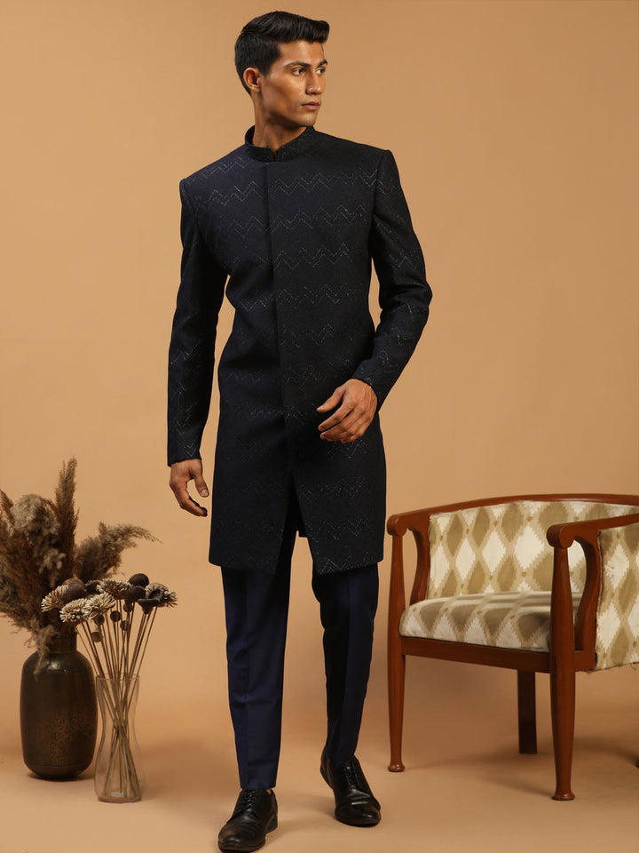 Vastramay Men's Navy Blue Glitter Indo Western Sherwani Set