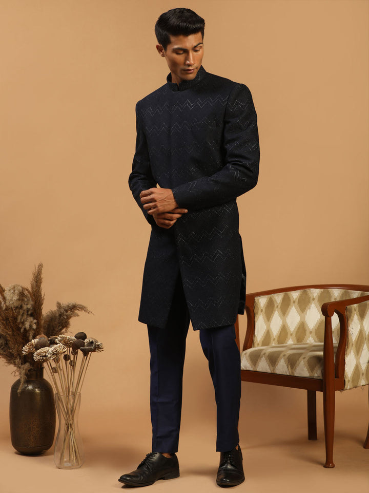 Vastramay Men's Navy Blue Glitter Indo Western Sherwani Set