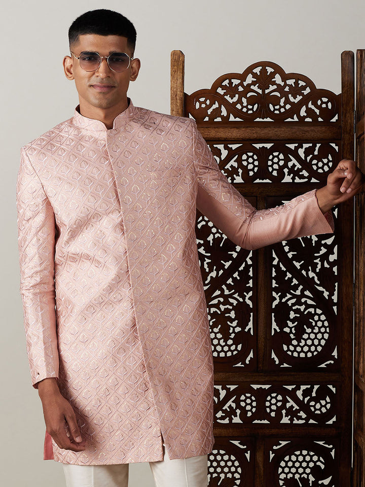 SHRESTHA By VASTRAMAY Men's Peach Sequined Indo Western Sherwani Only Top