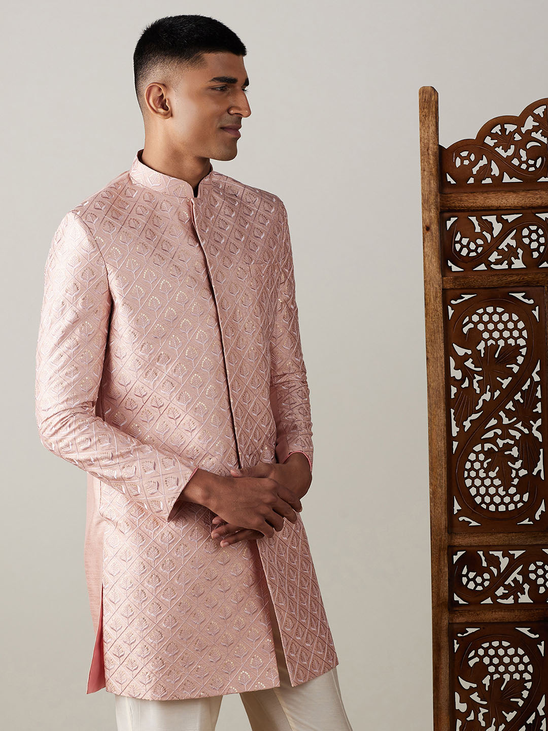 Vastramay Men's Peach Sequined Indo Western Sherwani Only Top