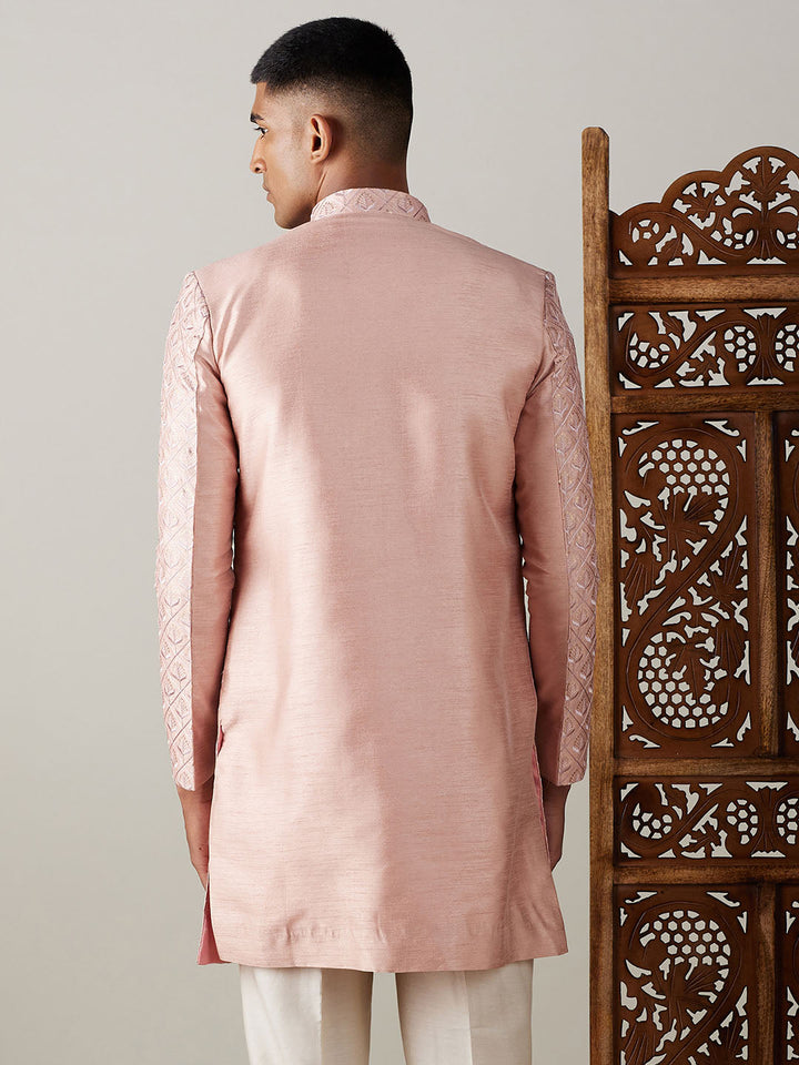 Vastramay Men's Peach Sequined Indo Western Sherwani Only Top