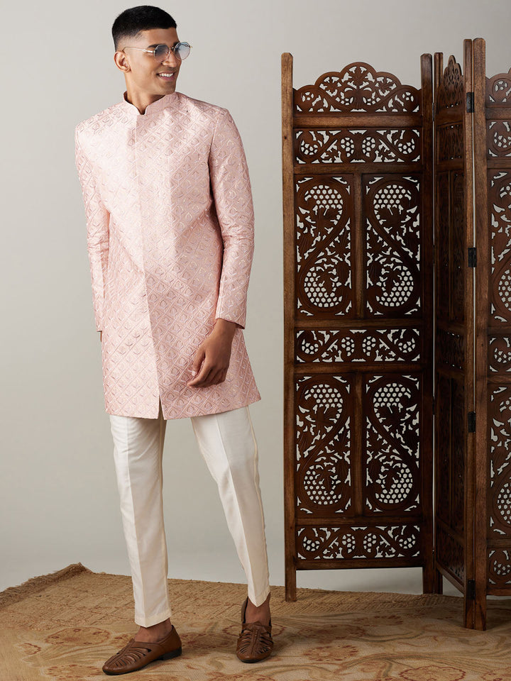 SHRESTHA By VASTRAMAY Men's Peach Sequined Indo Western Sherwani Only Top