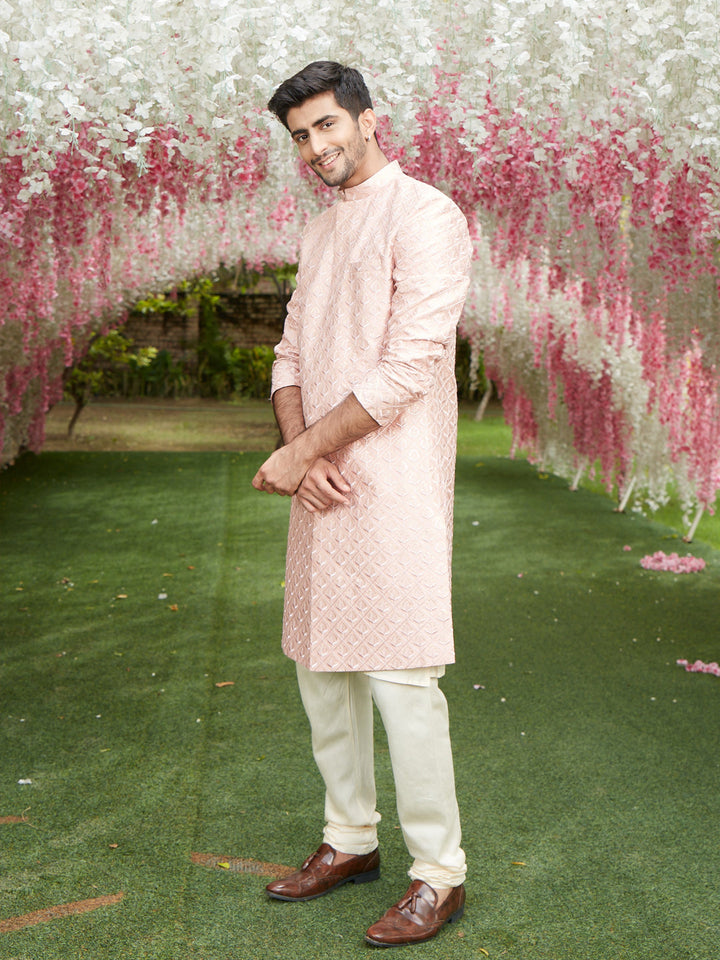 SHRESTHA By VASTRAMAY Men's Peach Sequined Indo Sherwani Set