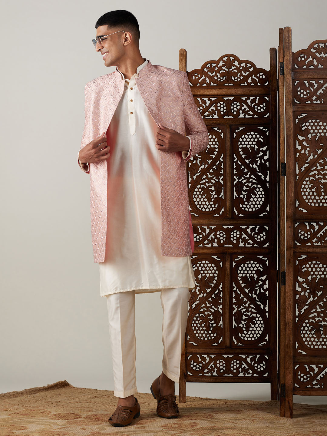 SHRESTHA By VASTRAMAY Men's Peach Sequined Indo Sherwani Set