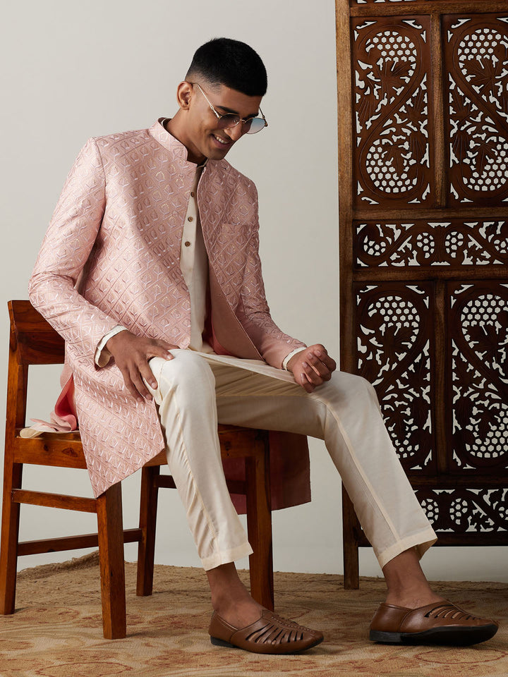 SHRESTHA By VASTRAMAY Men's Peach Sequined Indo Sherwani Set