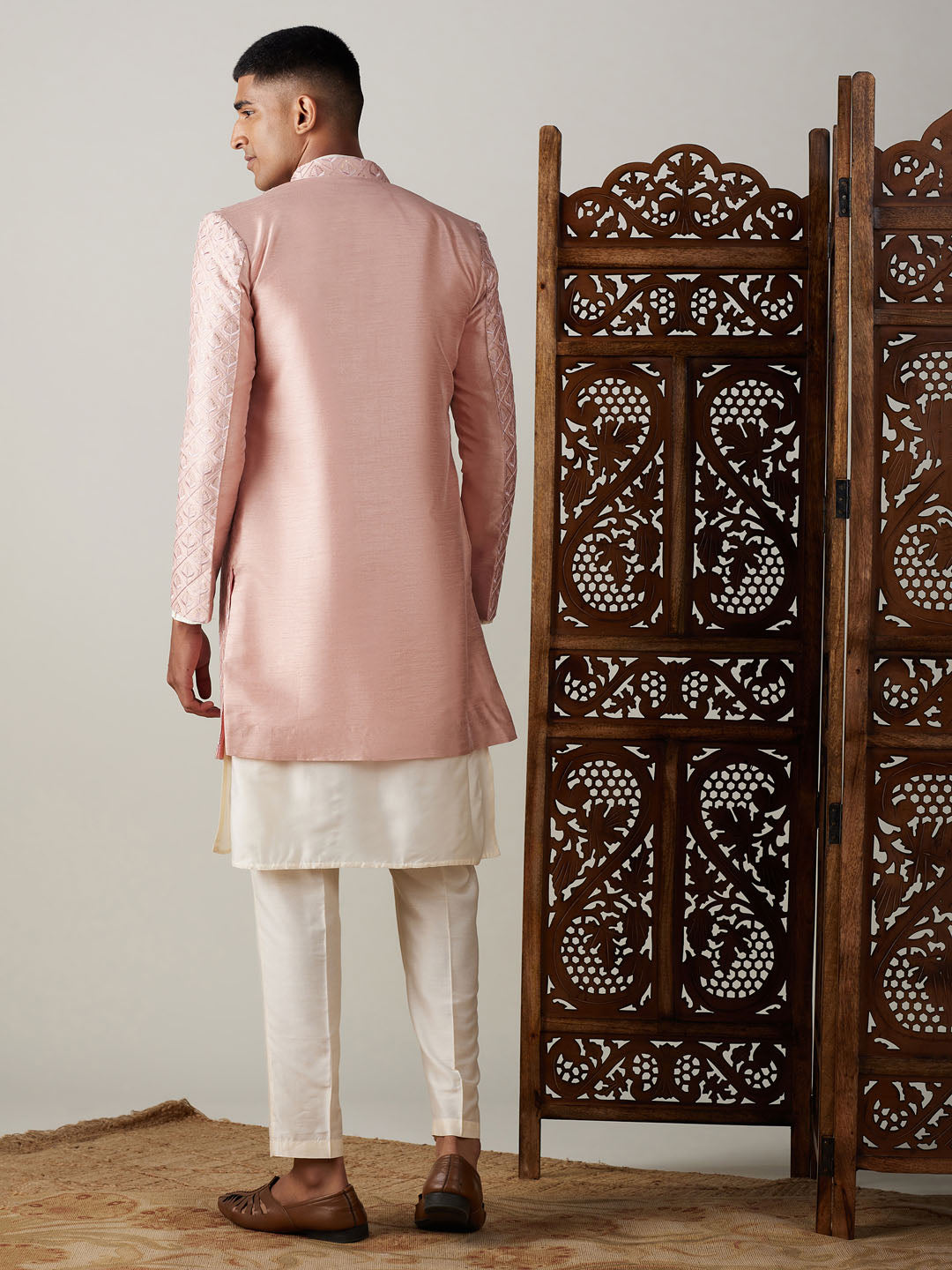 SHRESTHA By VASTRAMAY Men's Peach Sequined Indo Sherwani Set