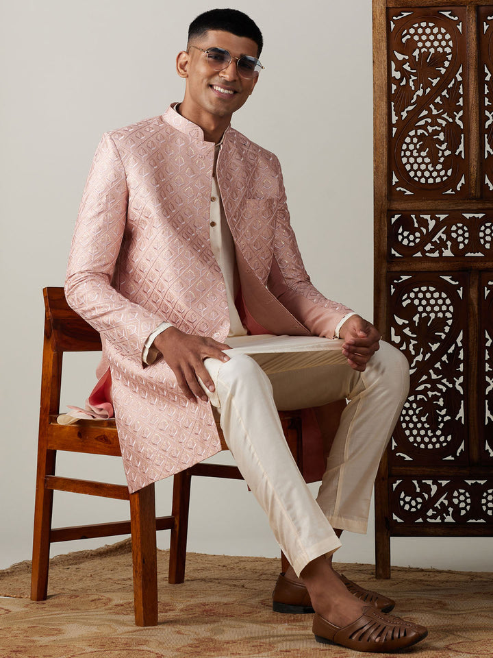 SHRESTHA By VASTRAMAY Men's Peach Sequined Indo Sherwani Set