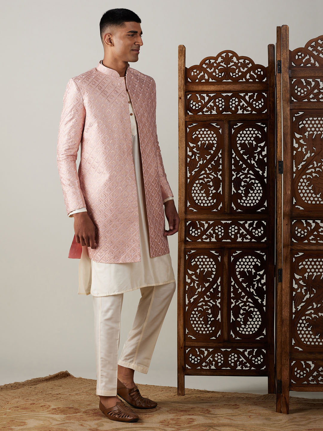 SHRESTHA By VASTRAMAY Men's Peach Sequined Indo Sherwani Set