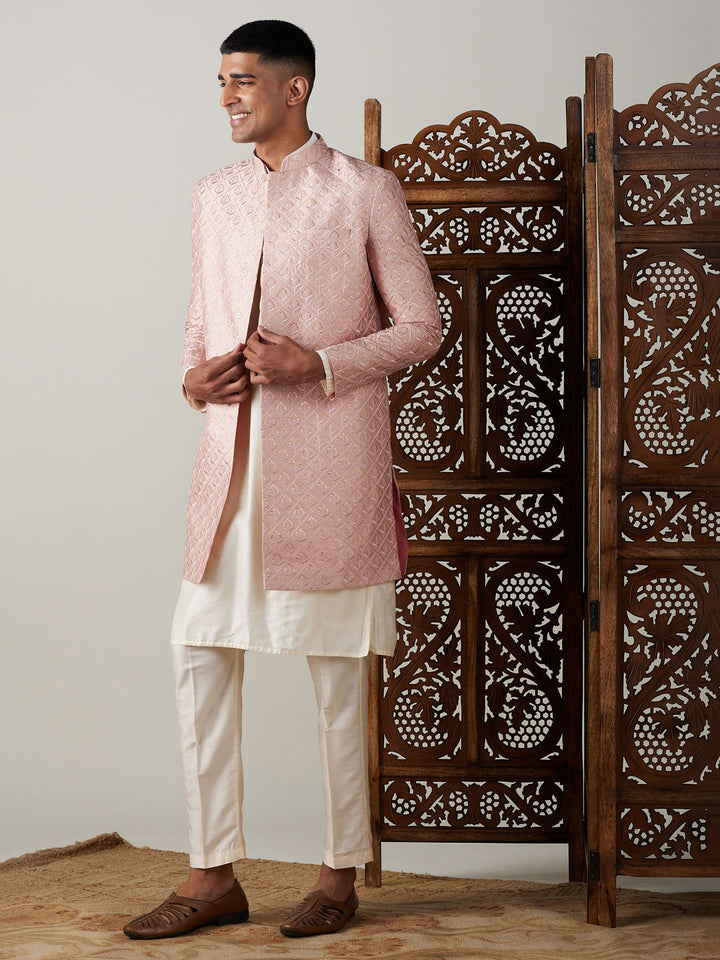 SHRESTHA By VASTRAMAY Men's Peach Sequined Indo Sherwani Set