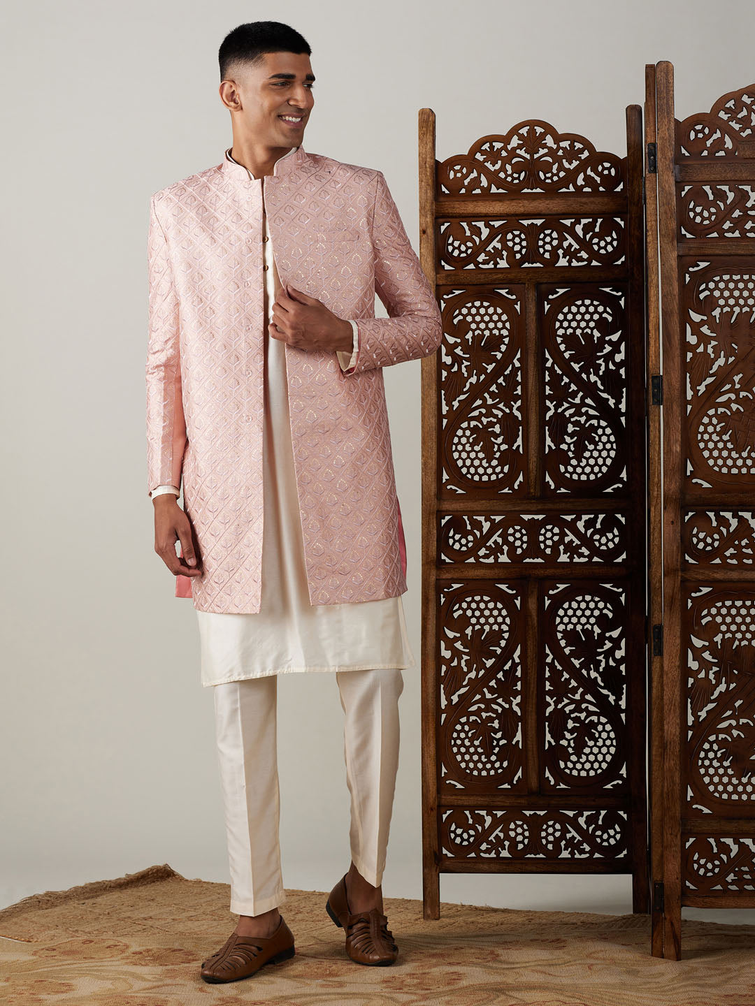 SHRESTHA By VASTRAMAY Men's Peach Sequined Indo Sherwani Set