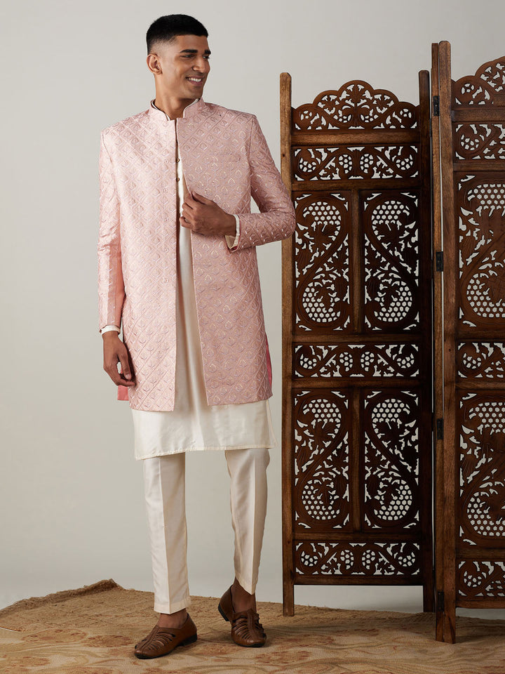 Vastramay Men's Peach Sequined Indo Sherwani Set