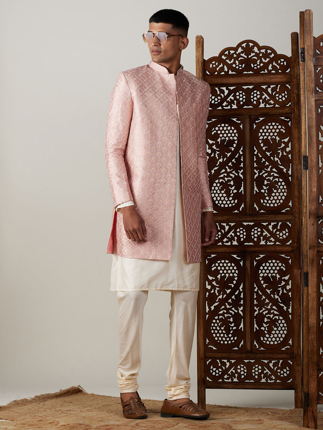 Vastramay Men's Peach Sequined Indo Western Sherwani With Kurta Pyjama Set