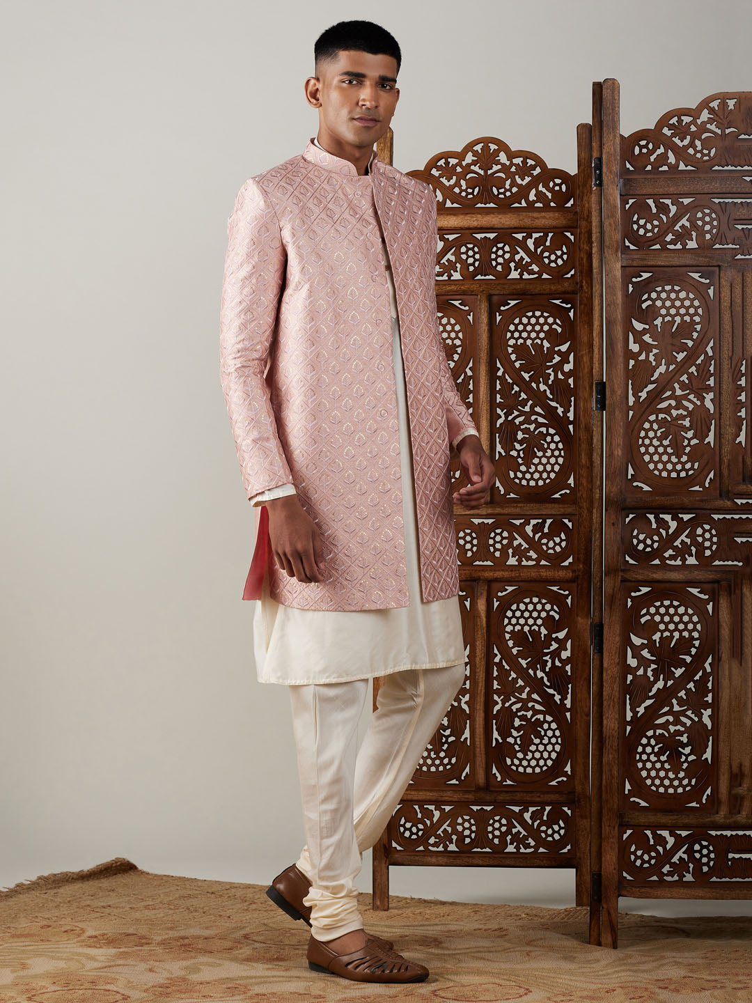 SHRESTHA By VASTRAMAY Men's Peach Sequined Indo Western Sherwani With Kurta Pyjama Set