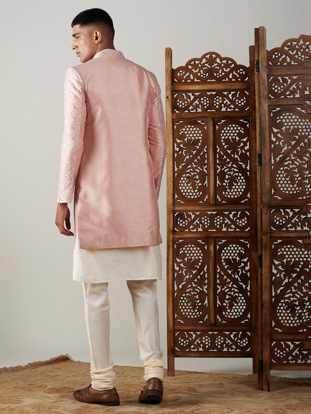 SHRESTHA By VASTRAMAY Men's Peach Sequined Indo Western Sherwani With Kurta Pyjama Set