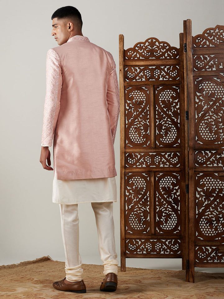 Vastramay Men's Peach Sequined Indo Western Sherwani With Kurta Pyjama Set