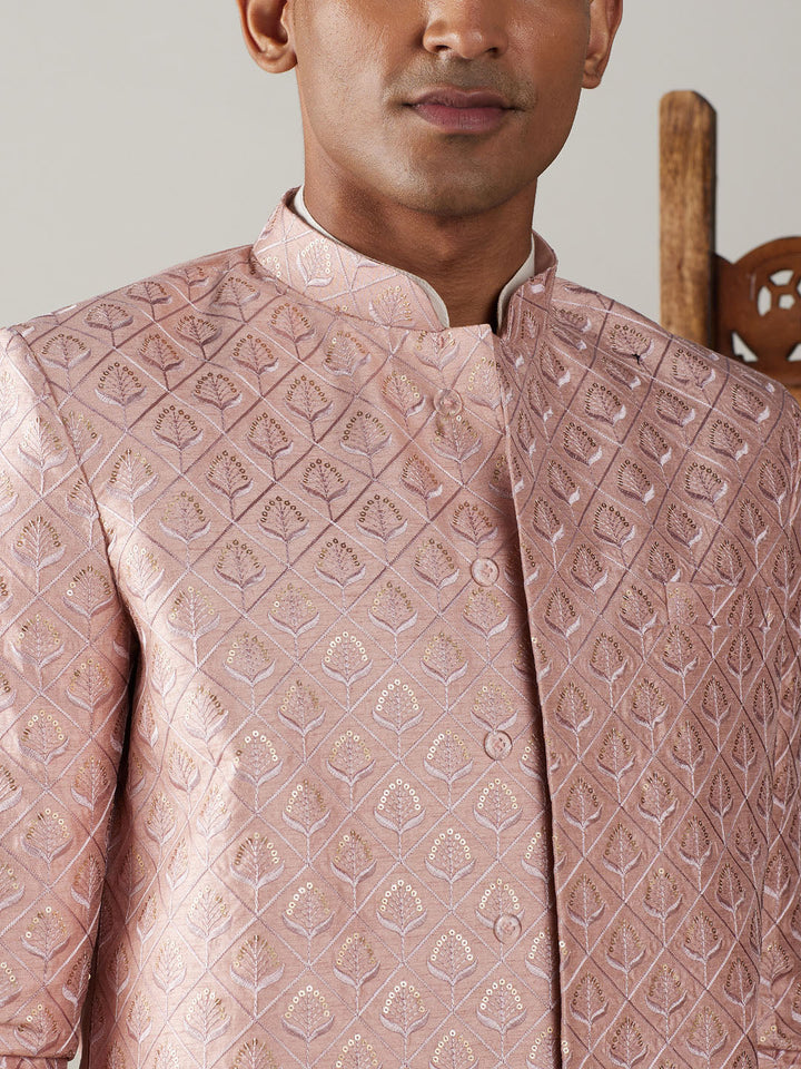 SHRESTHA By VASTRAMAY Men's Peach Sequined Indo Western Sherwani With Kurta Pyjama Set