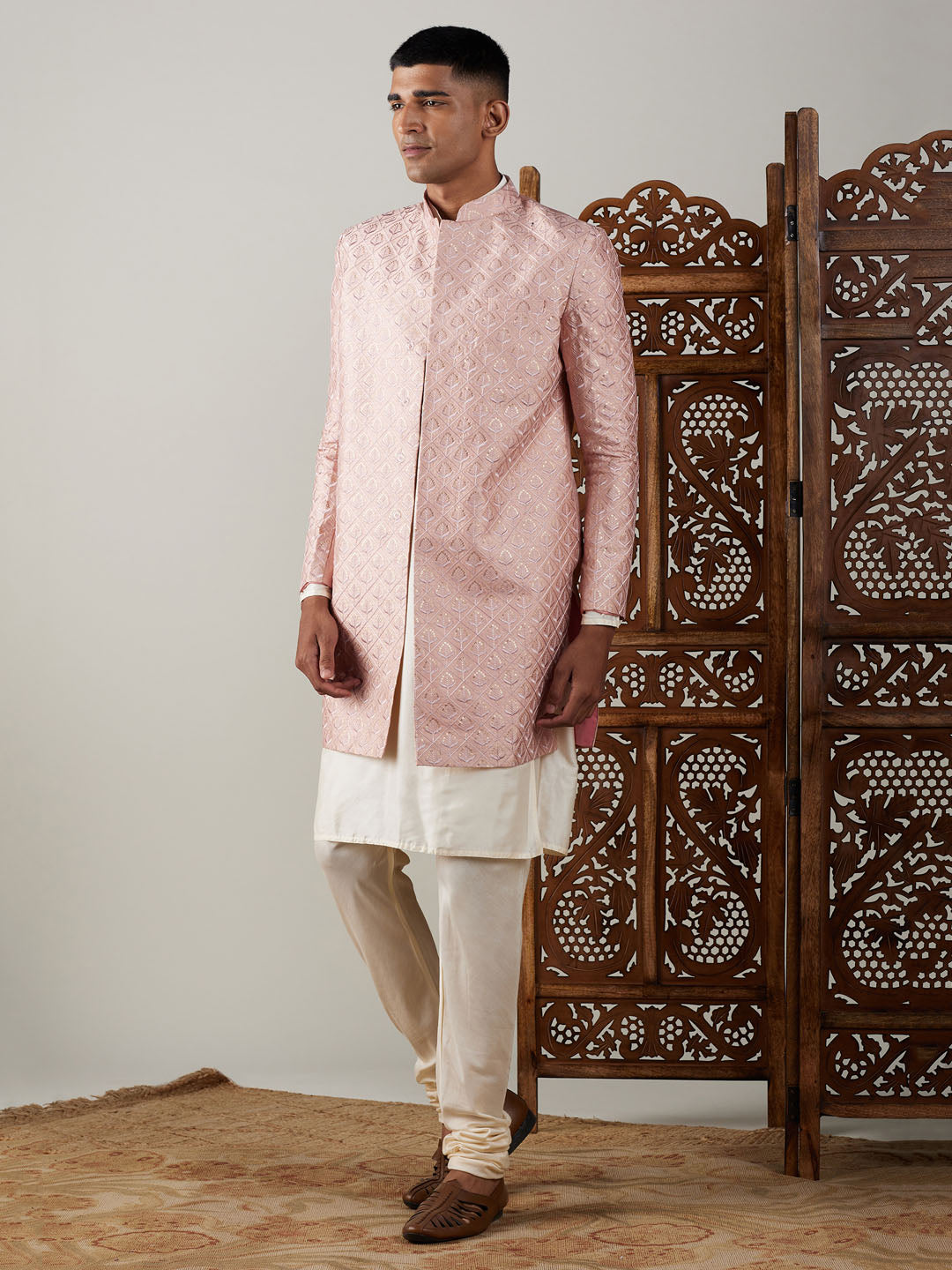 SHRESTHA By VASTRAMAY Men's Peach Sequined Indo Western Sherwani With Kurta Pyjama Set