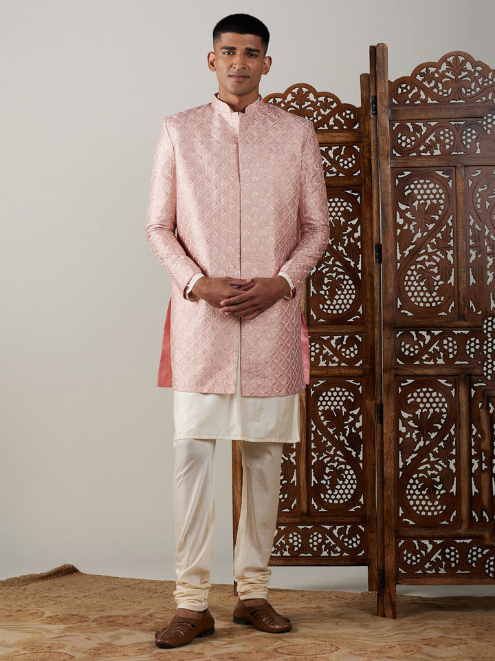 SHRESTHA By VASTRAMAY Men's Peach Sequined Indo Western Sherwani With Kurta Pyjama Set