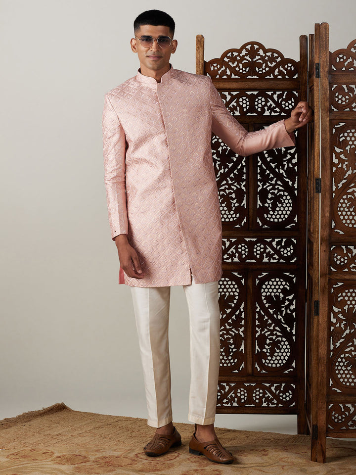 SHRESTHA By VASTRAMAY Men's Peach Sequined Indo Western Sherwani Set