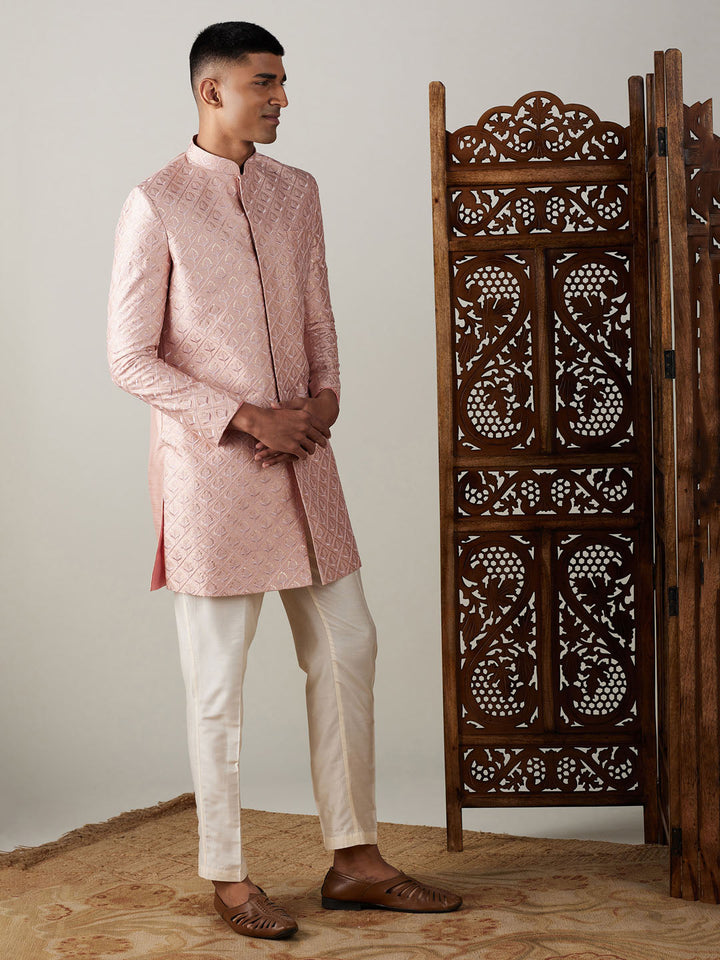 SHRESTHA By VASTRAMAY Men's Peach Sequined Indo Western Sherwani Set