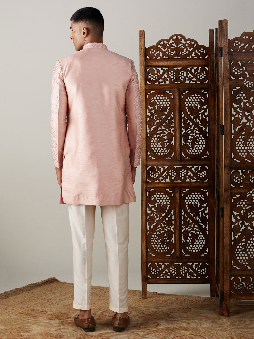 SHRESTHA By VASTRAMAY Men's Peach Sequined Indo Western Sherwani Set