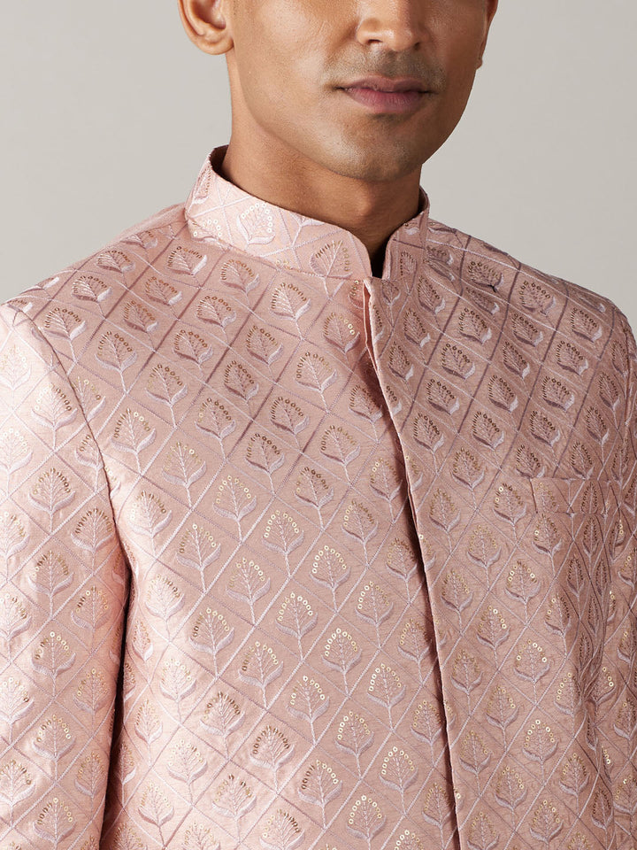 SHRESTHA By VASTRAMAY Men's Peach Sequined Indo Western Sherwani Set