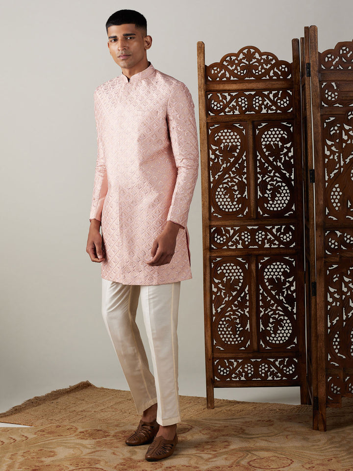 SHRESTHA By VASTRAMAY Men's Peach Sequined Indo Western Sherwani Set