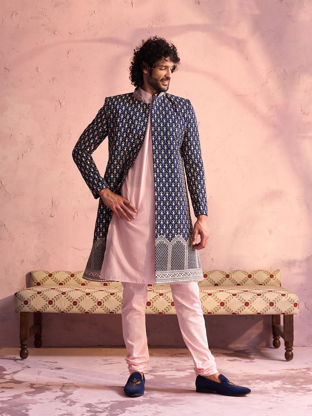 Vastramay Men's Navy Blue And Pink Georgette Sherwani Only Top