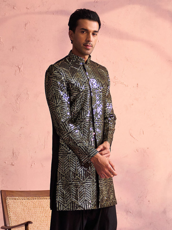 Vastramay Men's Black Georgette Sherwani Only Top