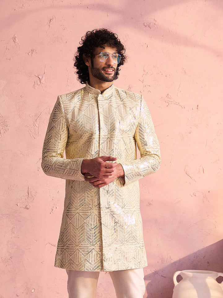 SHRESTHA By VASTRAMAY Men's Cream Georgette Sherwani Only Top