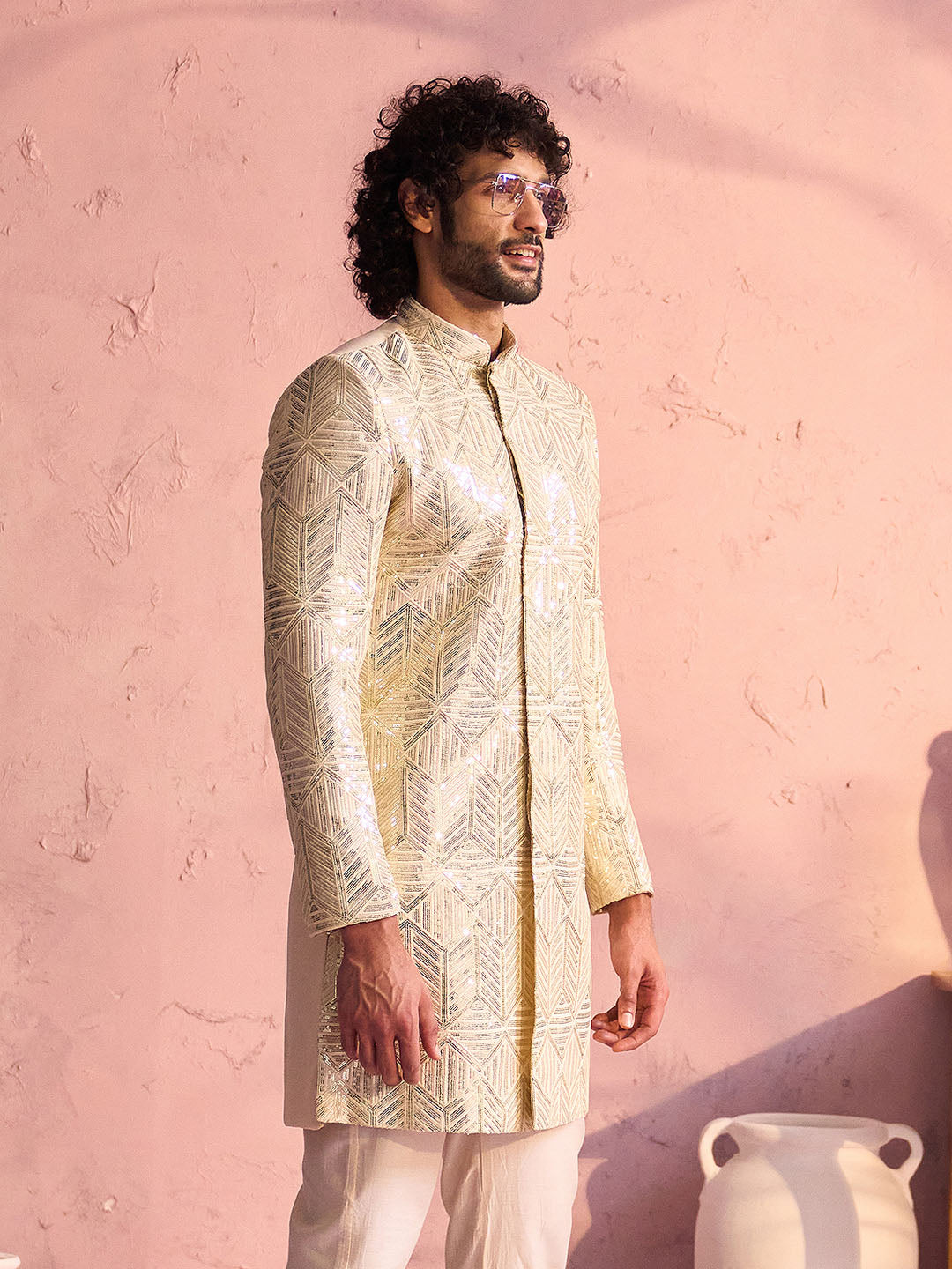 SHRESTHA By VASTRAMAY Men's Cream Georgette Sherwani Only Top