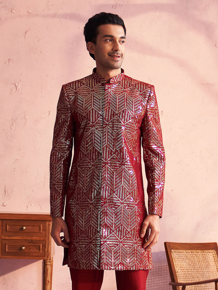 SHRESTHA By VASTRAMAY Men's Maroon Georgette Sherwani Only Top