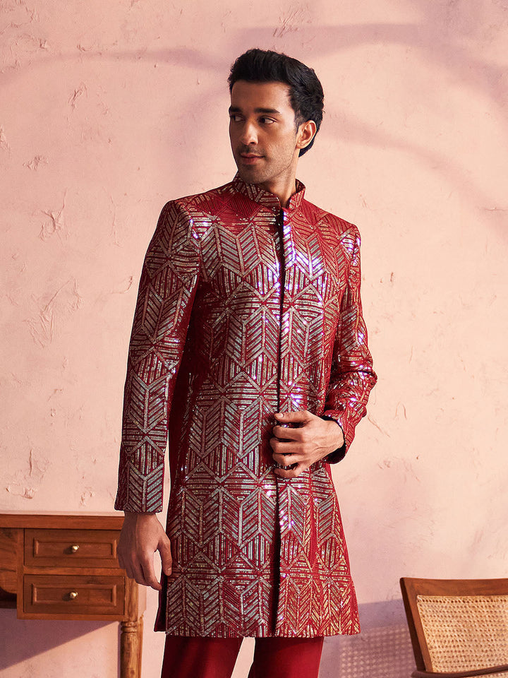 SHRESTHA By VASTRAMAY Men's Maroon Georgette Sherwani Only Top