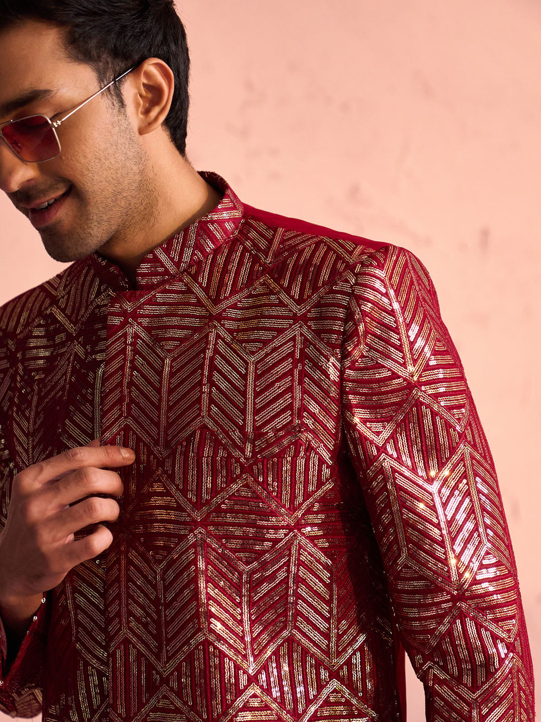 SHRESTHA By VASTRAMAY Men's Maroon Georgette Sherwani Only Top