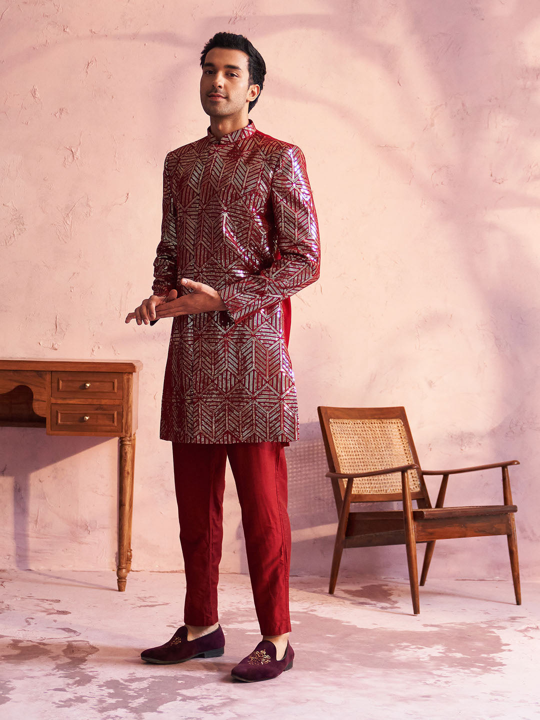 SHRESTHA By VASTRAMAY Men's Maroon Georgette Sherwani Only Top