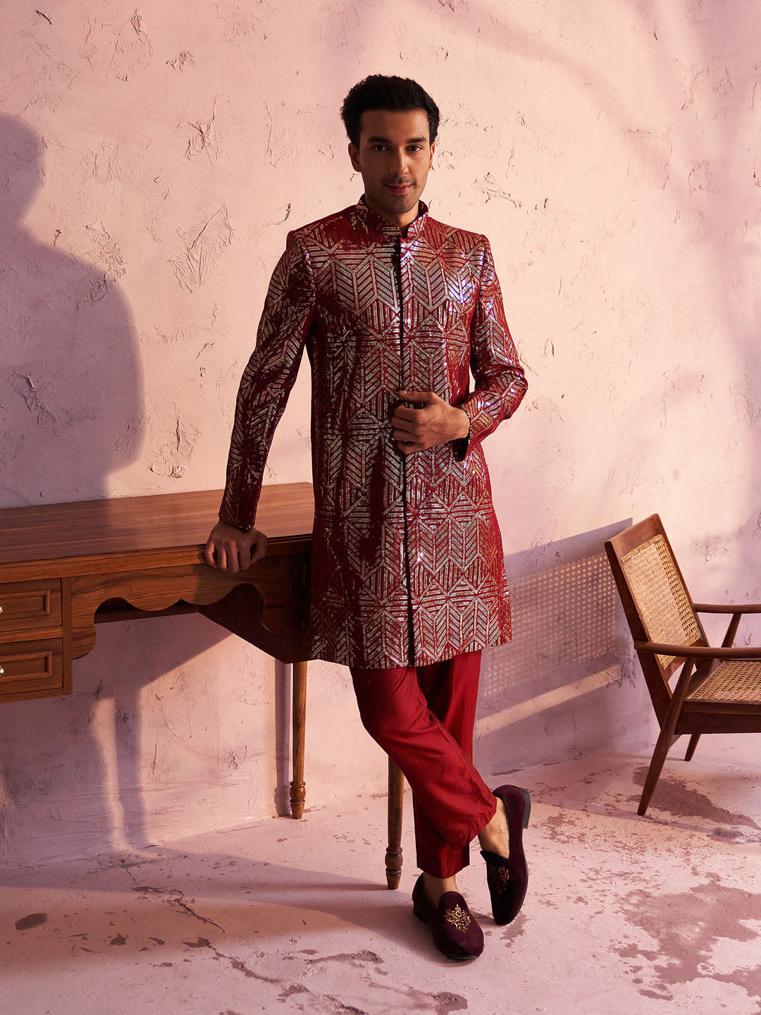 Vastramay Men's Maroon Georgette Embellished Indo Set